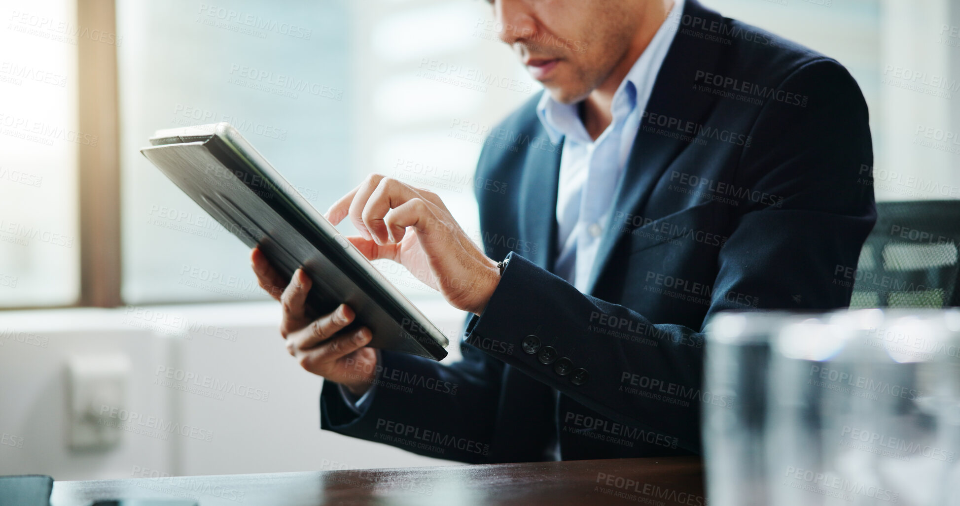 Buy stock photo Office, tablet and hands of businessman online for financial review, budget report or investment. Professional, company consultant and worker on digital tech for research, finance planning or website