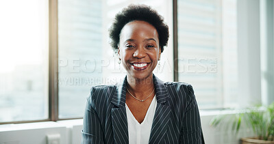 Buy stock photo Smile, business and portrait of black woman in office as regulatory affairs specialist. Corporate, employee and confident professional worker, compliance officer or policy development coordinator