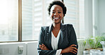 Portrait, business and happy black woman with arms crossed in office for pride as financial advisor. Smile, employee and confident professional worker, wealth consultant and asset manager in Kenya