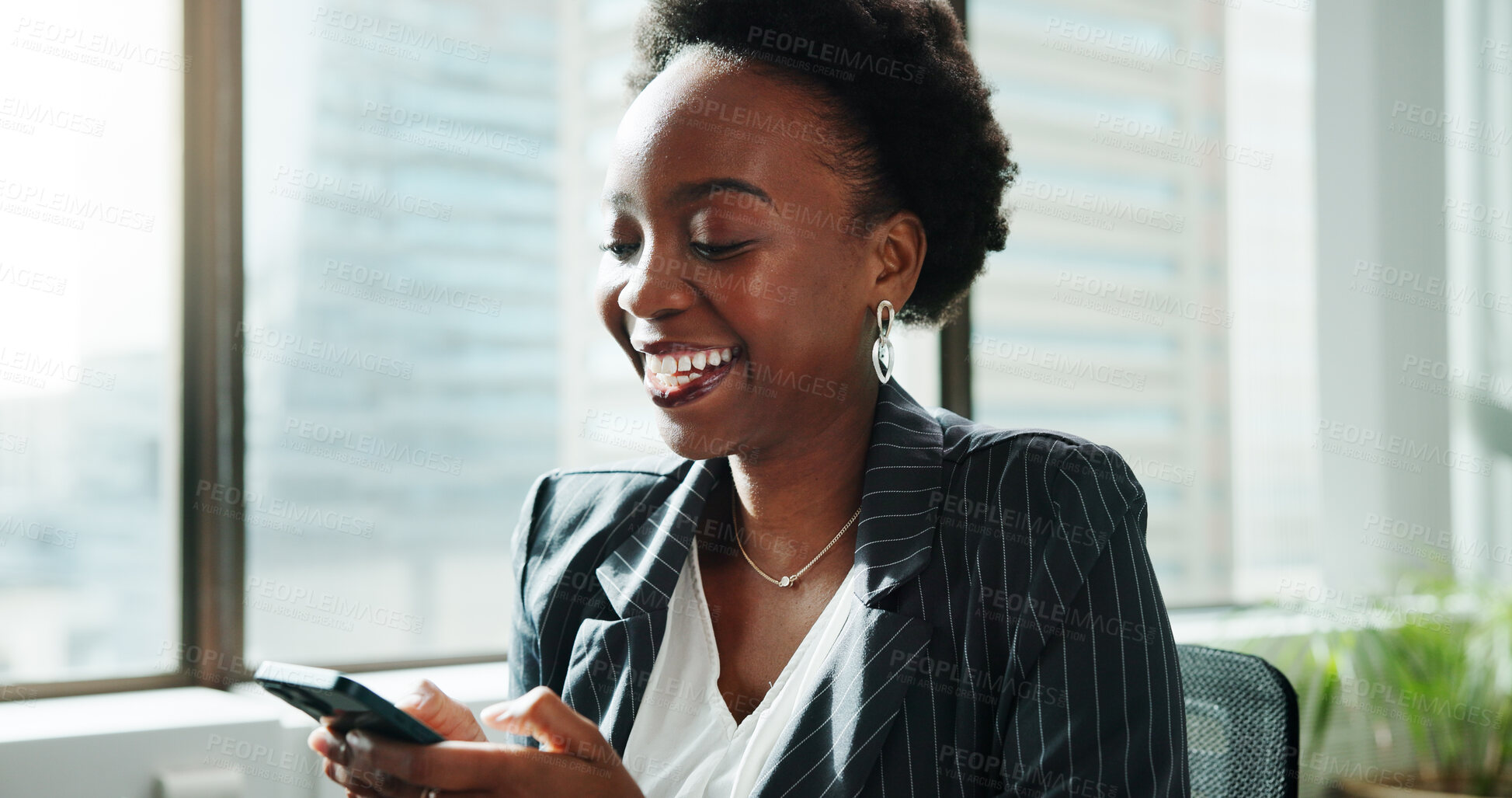 Buy stock photo Business, smile and black woman in workplace, smartphone and text with social media, accounting and funny meme. African person, financial advisor and employee with humor, cellphone and online joke