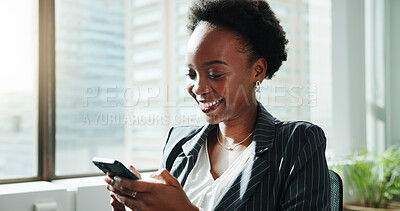 Buy stock photo Business, smile and black woman in office, smartphone and texting with social media, accounting and funny meme. African person, financial advisor and employee in workplace, cellphone and online joke