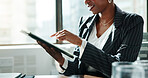 Tablet, scroll and hands with business woman in office for schedule, stock broker and planning. Typing, economy growth and investment analyst with person in finance agency for digital report