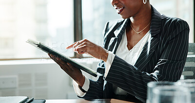 Buy stock photo Tablet, scroll and hands with business woman in office for schedule, stock broker and planning. Typing, economy growth and investment analyst with person in finance agency for digital report