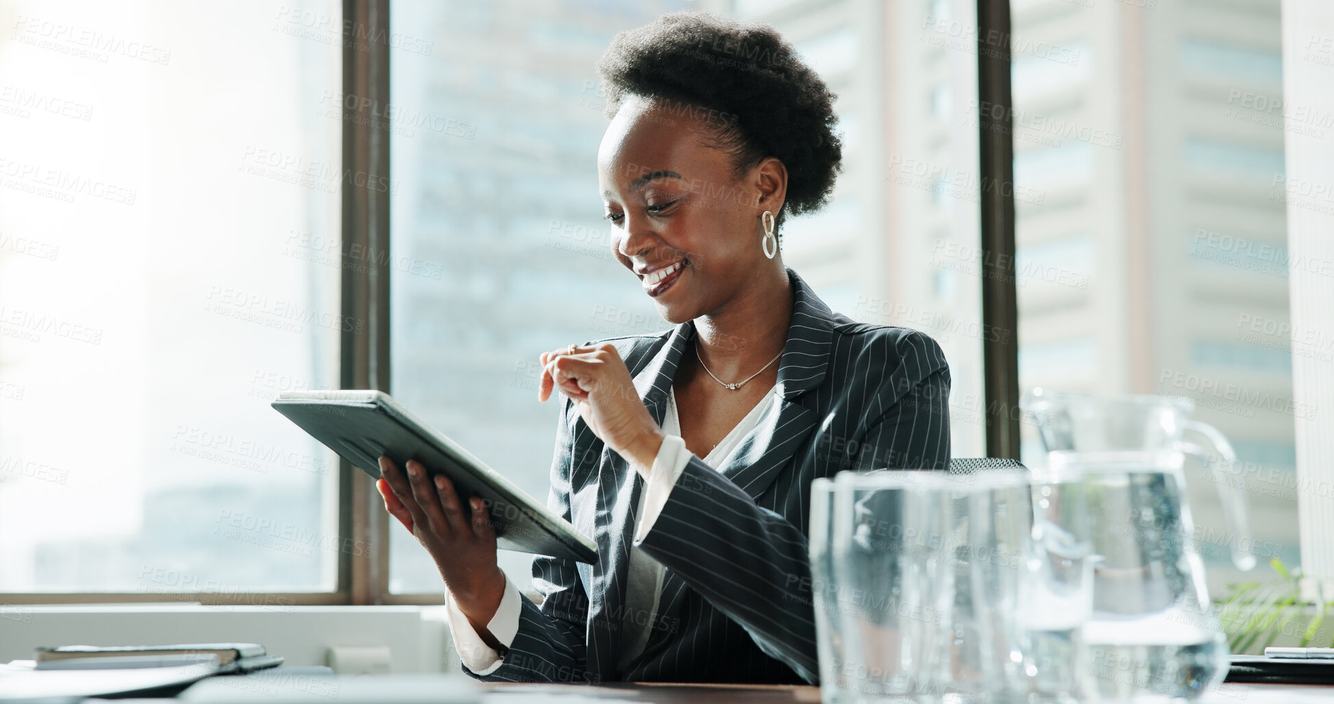 Buy stock photo Reading, research and tablet with business black woman in office for accounting, development or reporting. App, data and finance with happy accountant in workplace for budget or wealth management