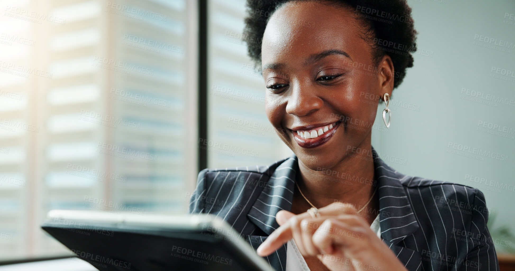 Buy stock photo Research, smile and tablet with business black woman in office for accounting, development or reporting. App, data and finance with African accountant in workplace for budget or wealth management