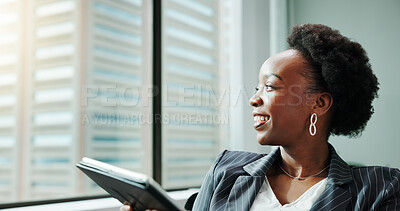 Buy stock photo Thinking, business and black woman with smile, tablet and connection with decision, investor and email. African person, employee or financial advisor in workplace, tech or app with choice or solution
