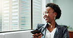 Thinking, business and black woman with smile, smartphone and connection with decision, investor and email. African person, happy employee and financial advisor with cellphone, digital app and choice
