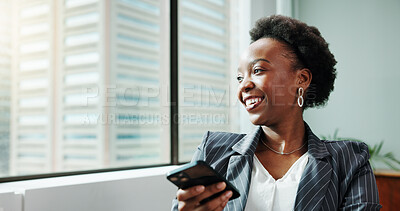 Buy stock photo Thinking, business and black woman with smile, smartphone and connection with decision, investor and email. African person, happy employee and financial advisor with cellphone, digital app and choice