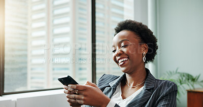 Buy stock photo Business, smile and black woman in workplace, cellphone and laughing with social media, accounting and chatting. African person, economy analyst and employee with smartphone or humor with online joke