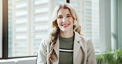 Buy stock photo Smile, portrait and business woman in office as regulatory affairs specialist with pride. Happy, employee and confident professional worker, compliance officer or policy development expert in France