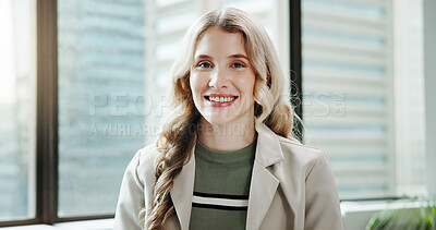 Buy stock photo Smile, portrait and business woman in workplace as regulatory affairs specialist in office. Happy, employee and professional worker, compliance officer or policy development coordinator in France