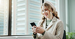 Business, smile and woman with smartphone, texting and online joke with social media, accounting or funny meme. Person, financial advisor or employee in office, cellphone or internet for humor or app