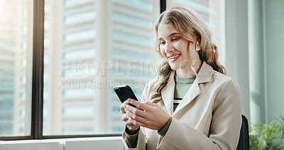 Buy stock photo Business, smile and woman with smartphone, texting and online joke with social media, accounting or funny meme. Person, financial advisor or employee in office, cellphone or internet for humor or app