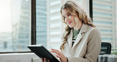 Buy stock photo Tablet, scroll and reading with business woman in office for schedule, stock broker and planning. Typing, economy growth and investment analyst with person in finance agency for digital report