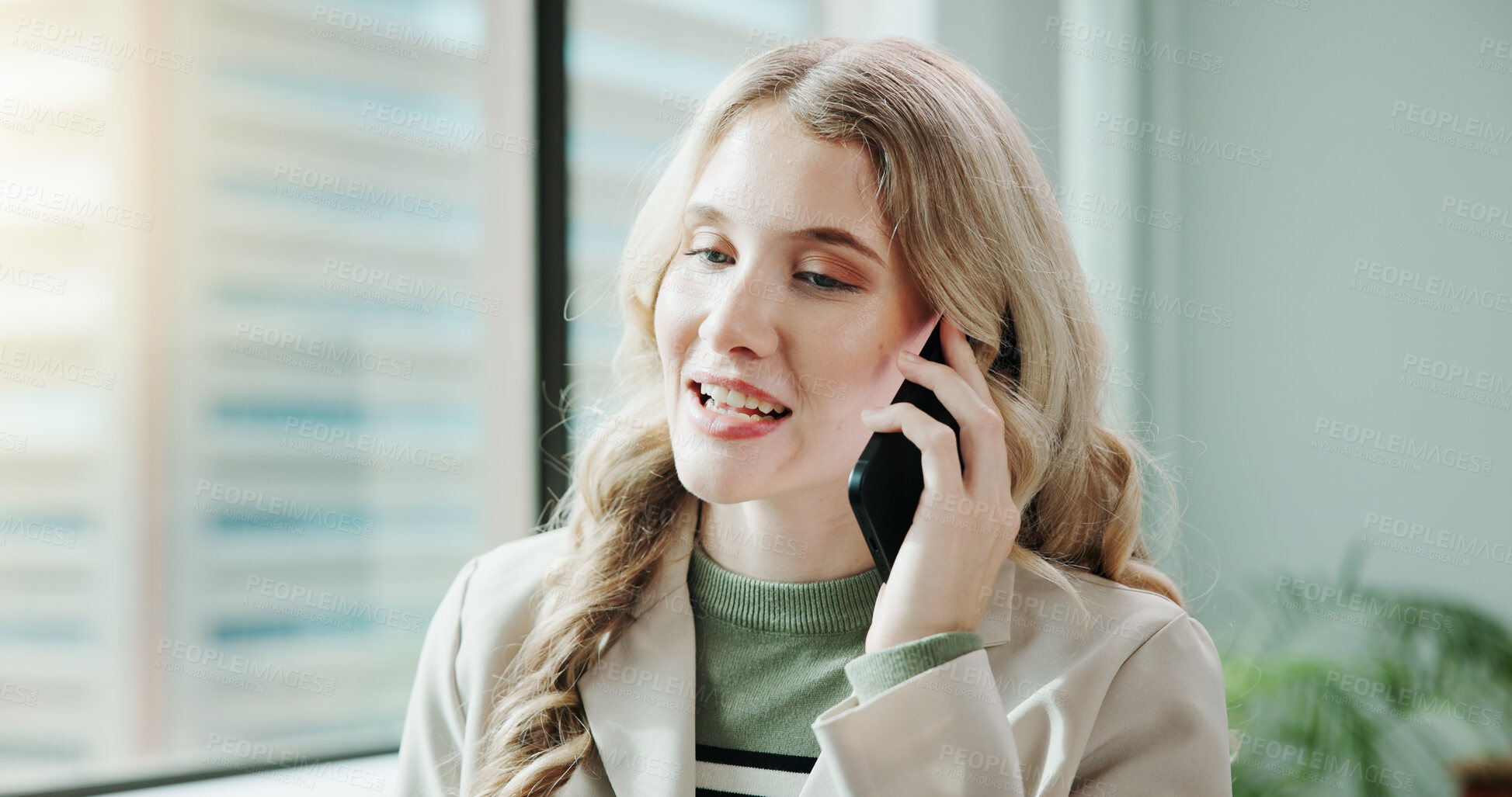 Buy stock photo Talking, news or businesswoman in office with phone call for contract negotiation or government deal. Consultant, lawyer or advisor speaking on mobile for court case schedule, consultation or advice