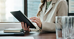 Tablet, typing and hands with business woman in office for schedule, stock broker and planning. Scroll, economy growth and investment analyst with person in finance agency for digital report