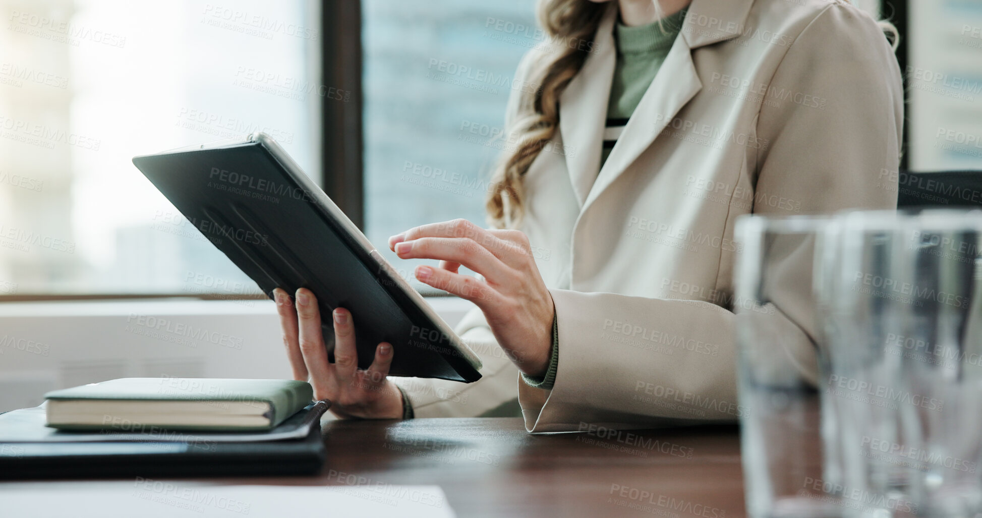 Buy stock photo Tablet, planning and hands with business woman in office for schedule, stock broker and network. Scroll, economy growth and investment analyst with person in finance agency for digital report