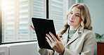 Tablet, research and reading with business woman in office for schedule, stock broker and planning. Reflection, economy growth and investment analyst with person in finance agency for digital report