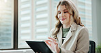 Office, tablet and business woman online for financial review, budget report and investment info. Professional, company consulting and worker on digital tech for research, finance planning or website