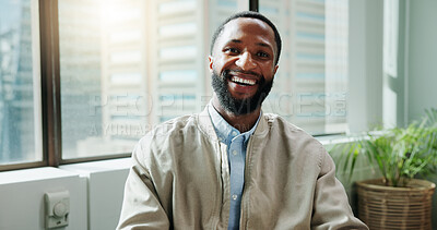 Buy stock photo Portrait, business and black man laugh in office for pride as financial advisor with ambition. Smile, employee and confident professional worker, wealth consultant and asset specialist in Kenya