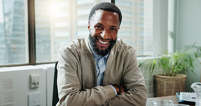 Buy stock photo Portrait, business and happy black man with arms folded in office for pride as financial advisor. Smile, employee and confident professional worker, wealth consultant and money manager in Kenya