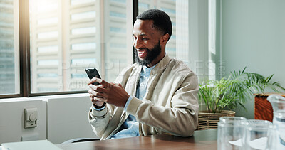 Buy stock photo Business, smile and black man in office, cellphone and internet with social media, accounting or funny meme. African person, tax advisor or employee in workplace, smartphone or relax with online joke
