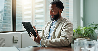Buy stock photo Tablet, smile and reading with business black man in office for schedule, stock broker and planning. Networking, economy growth and investment analyst with person in finance agency for digital report