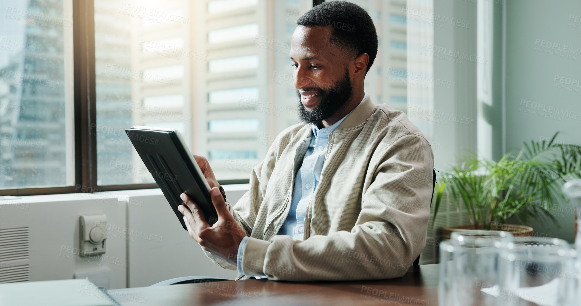 Buy stock photo Tablet, smile and reading with business black man in office for schedule, stock broker and planning. Networking, economy growth and investment analyst with person in finance agency for digital report