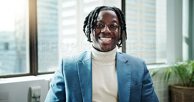 Buy stock photo Smile, portrait and black man in workplace for business as regulatory affairs specialist in office. Happy, employee and professional worker, compliance officer and policy development coordinator
