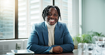 Buy stock photo Smile, portrait and black man with confidence for business as regulatory affairs specialist in office. Happy, employee and professional worker, compliance officer and policy development coordinator