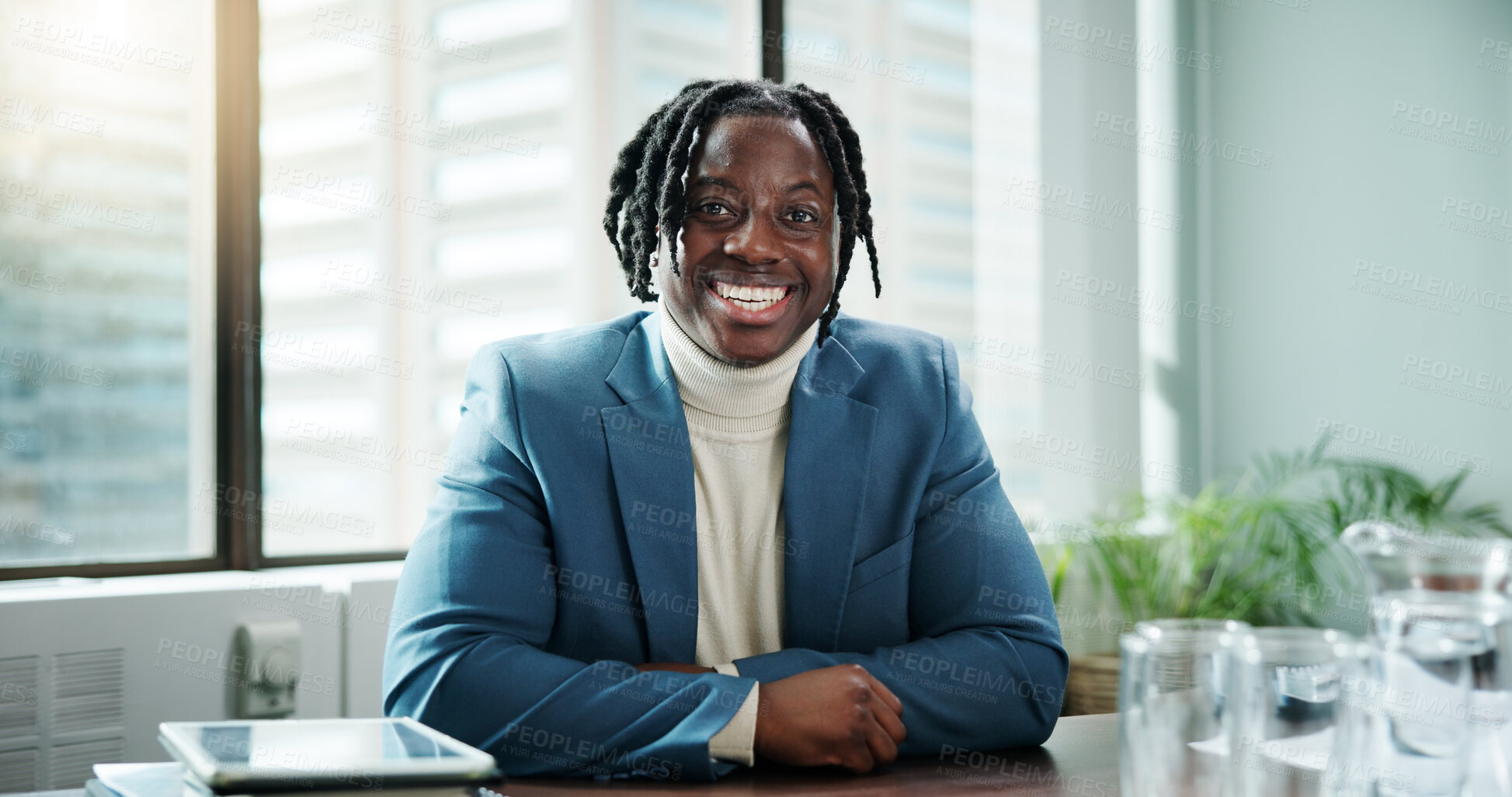 Buy stock photo Smile, portrait and black man with confidence for business as regulatory affairs specialist in office. Happy, employee and professional worker, compliance officer and policy development coordinator