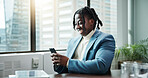 Business, smile and black man with smartphone, connection and social media with accounting, chat and funny meme. African person, tax advisor and employee in office, cellphone and online joke with app
