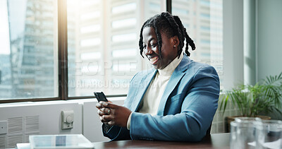 Buy stock photo Business, smile and black man with smartphone, connection and social media with accounting, chat and funny meme. African person, tax advisor and employee in office, cellphone and online joke with app