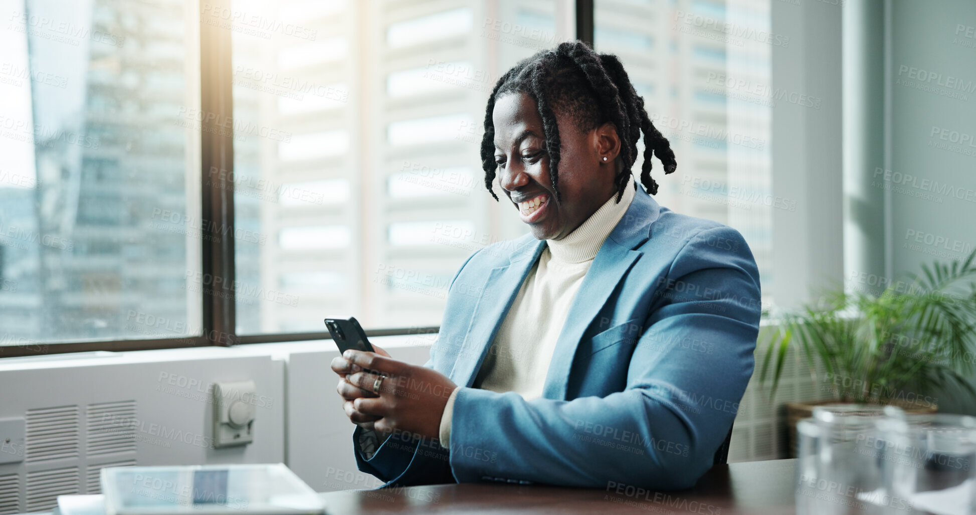 Buy stock photo Business, smile and black man with smartphone, connection and social media with accounting, chat and funny meme. African person, tax advisor and employee in office, cellphone and online joke with app