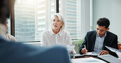 Buy stock photo Teamwork, advisor and meeting with business woman in office for investment analyst, planning and stock market data. Audit review, portfolio growth and feedback with employees in agency for research