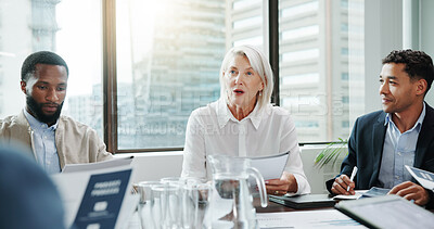 Buy stock photo Teamwork, planning and meeting with business woman in office for investment analyst, advisor and stock market data. Audit review, portfolio growth and feedback with employees in agency for research