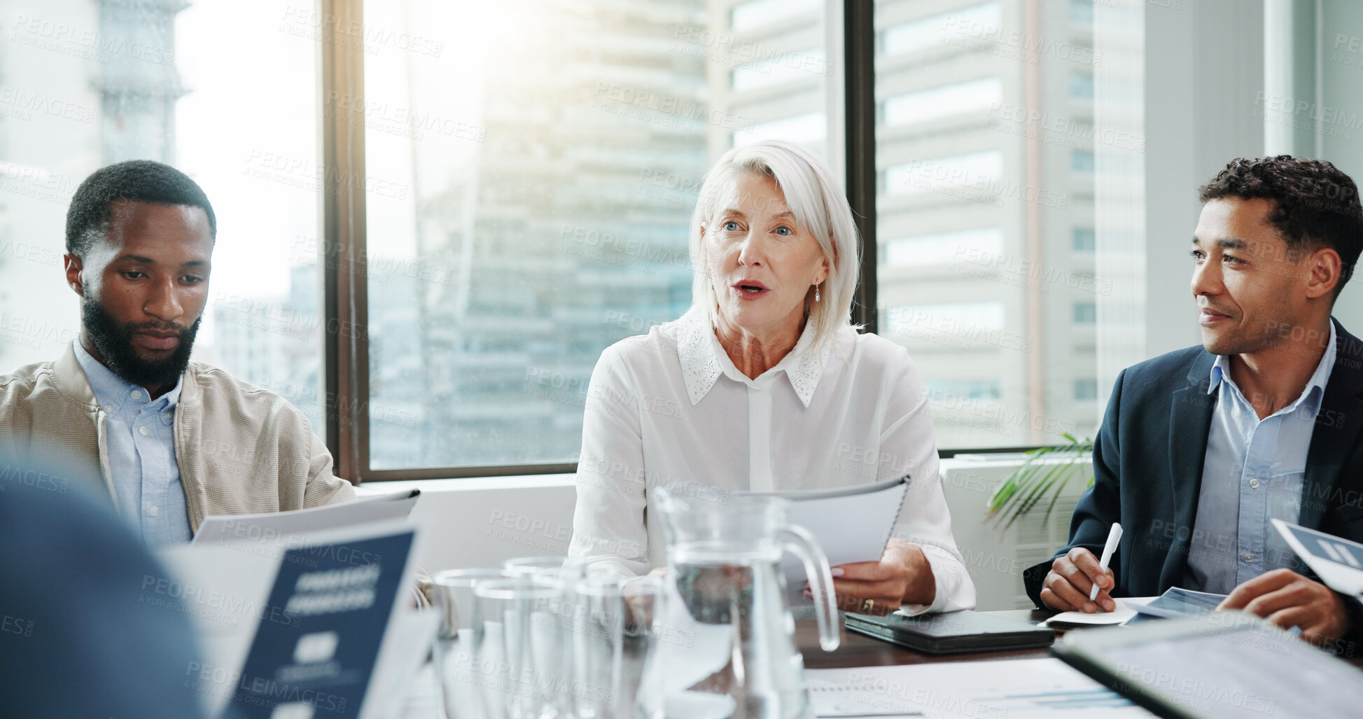 Buy stock photo Teamwork, planning and meeting with business woman in office for investment analyst, advisor and stock market data. Audit review, portfolio growth and feedback with employees in agency for research