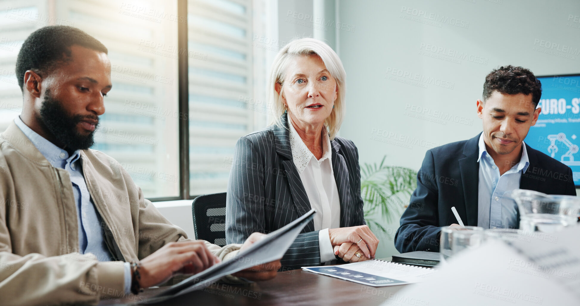 Buy stock photo People, talking and meeting with document in office for planning, neuroscience and innovation ideas. Manager, presentation and briefing with paperwork, brain technology and proposal for neurofeedback