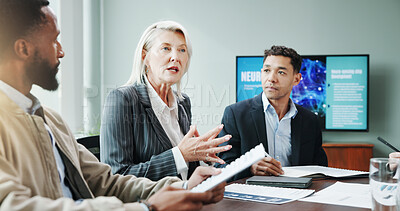 Buy stock photo Meeting, business and people explaining in office for planning, neuroscience and innovation ideas. Manager, presentation and briefing with paperwork, brain technology and proposal with neurofeedback