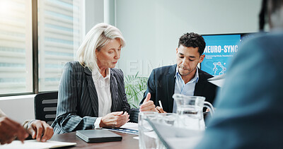 Buy stock photo Business, people and reading document in office for planning, neuroscience and innovation ideas. Manager, presentation and briefing with paperwork, brain technology and review information of proposal