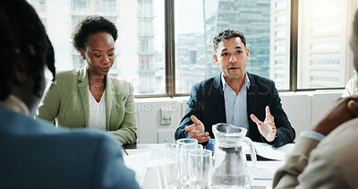 Buy stock photo Meeting, finance and business people in office for review, feedback or forecasting discussion. Teamwork, collaboration and group of financial managers with investment planning for company budget.