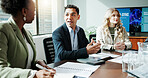 Meeting, corporate and people talking in office for planning, neuroscience and innovation ideas. Manager, presentation and briefing with paperwork, brain technology and proposal with neurofeedback