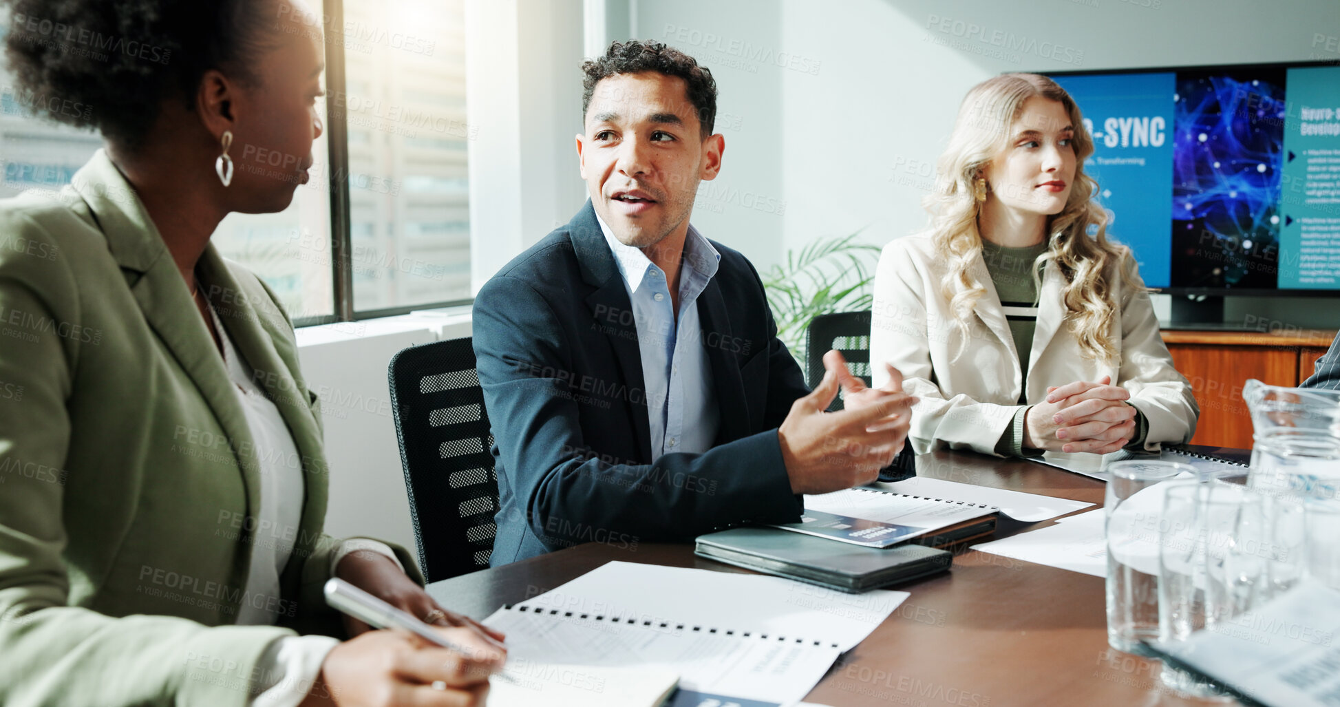 Buy stock photo Meeting, corporate and people talking in office for planning, neuroscience and innovation ideas. Manager, presentation and briefing with paperwork, brain technology and proposal with neurofeedback