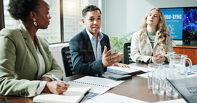 Buy stock photo Meeting, corporate and people explaining in office for planning, neuroscience and innovation ideas. Manager, presentation and briefing with paperwork, brain technology and proposal with neurofeedback