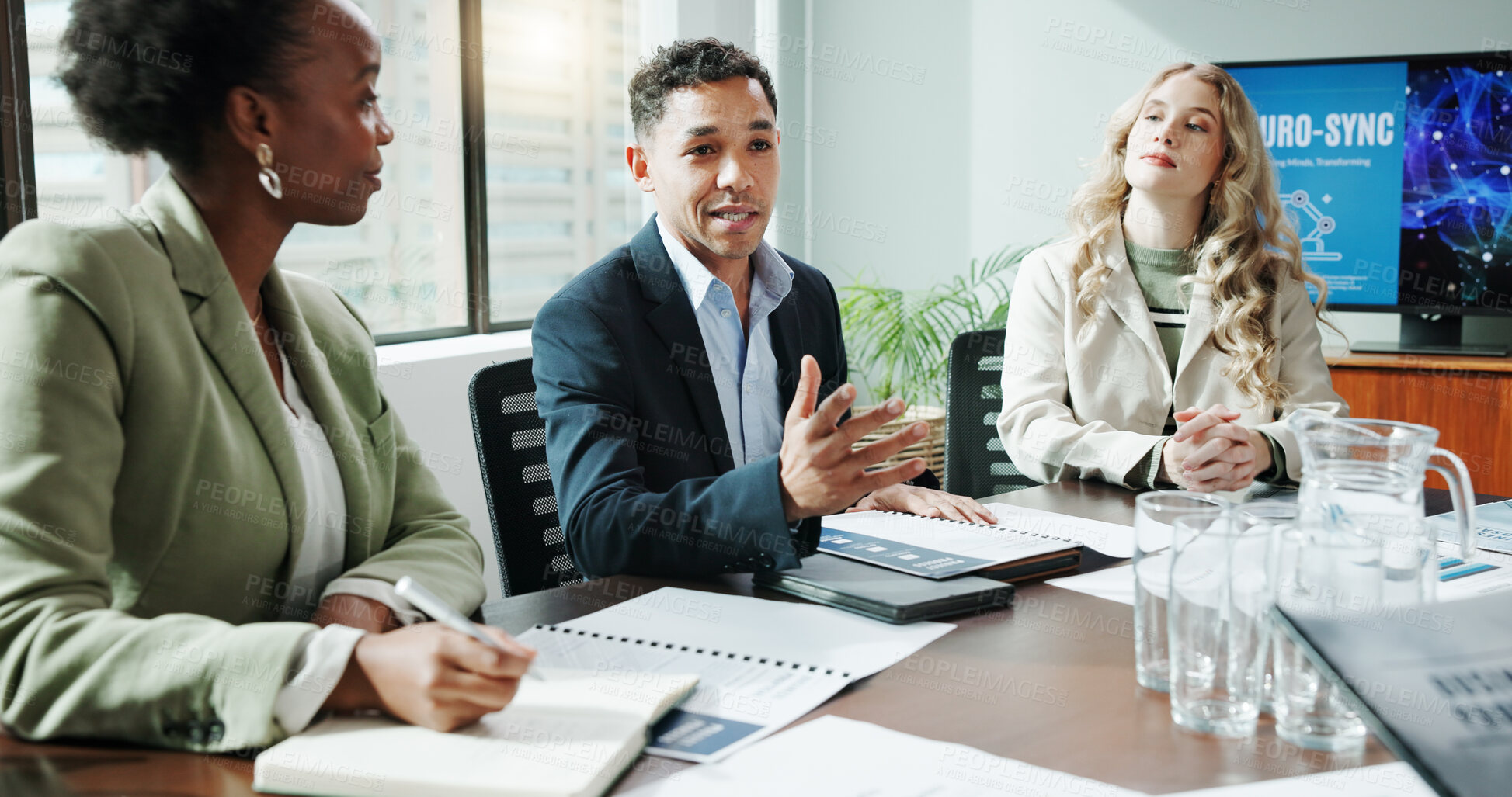 Buy stock photo Meeting, corporate and people explaining in office for planning, neuroscience and innovation ideas. Manager, presentation and briefing with paperwork, brain technology and proposal with neurofeedback