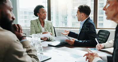 Buy stock photo Planning, discussion and meeting with business people in office for investment analyst, advisor and stock market. Audit review, portfolio growth and feedback with employees in agency for research