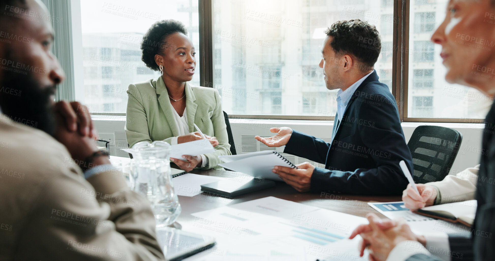 Buy stock photo Planning, discussion and meeting with business people in office for investment analyst, advisor and stock market. Audit review, portfolio growth and feedback with employees in agency for research