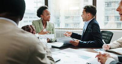 Buy stock photo Teamwork report and meeting with business people in office for investment analyst, advisor and stock market. Audit review, portfolio growth and feedback with employees in agency for research