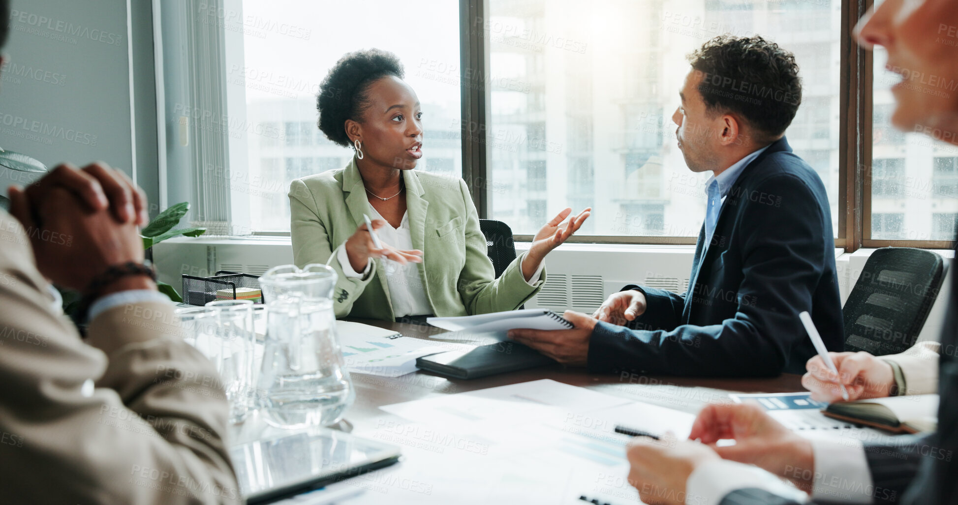 Buy stock photo Office, business people teamwork with discussion in meeting, financial project and investment update. Collaboration, finance consultant and manager with document for report, feedback and proposal