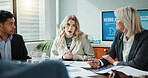 Business, people and presentation with document in office for planning, neuroscience and innovation ideas. Manager, meeting and briefing with paperwork, brain technology and proposal of neurofeedback